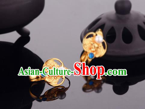 Chinese Traditional Ming Dynasty Queen Golden Bat Earrings Ancient Empress Pearl Ear Accessories