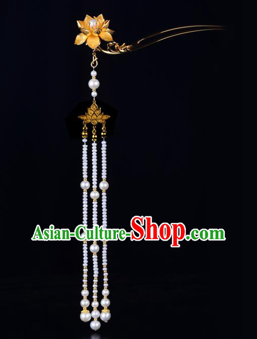 China Ancient Palace Lady Pearls Tassel Hairpin Handmade Traditional Ming Dynasty Princess Golden Lotus Hair Clip