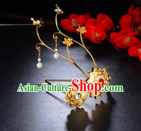China Ancient Court Woman Pearls Hairpin Handmade Traditional Ming Dynasty Princess Golden Lotus Hair Crown