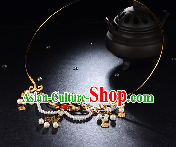 Chinese Ancient Palace Lady Pearls Necklace Traditional Ming Dynasty Golden Peach Necklet Jewelry