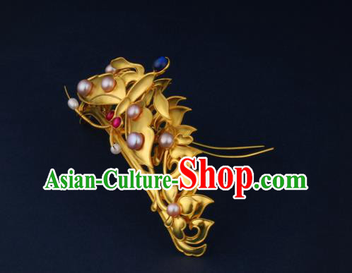 China Ancient Queen Pearls Hairpin Handmade Traditional Ming Dynasty Golden Butterfly Hair Crown