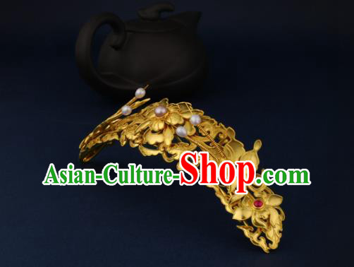 China Ancient Empress Golden Butterfly Peony Hairpin Handmade Traditional Ming Dynasty Pearls Hair Crown