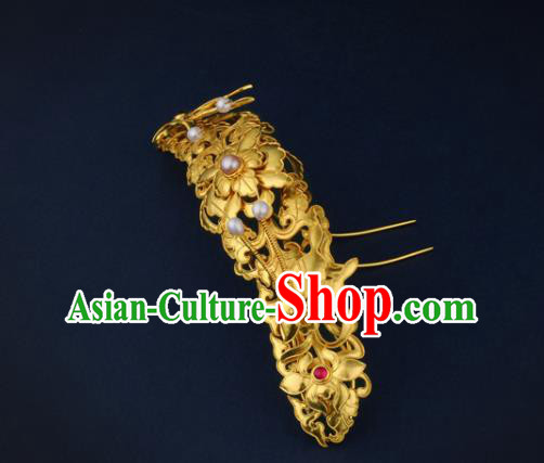 China Ancient Empress Golden Butterfly Peony Hairpin Handmade Traditional Ming Dynasty Pearls Hair Crown