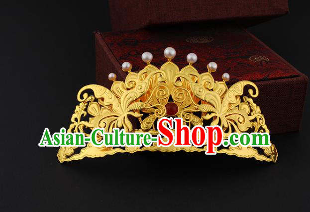 China Ancient Court Empress Agate Pearls Hairpin Handmade Traditional Ming Dynasty Golden Hair Crown