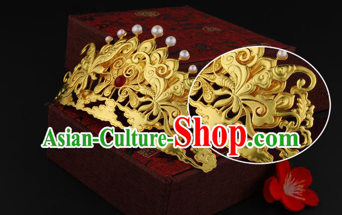 China Ancient Court Empress Agate Pearls Hairpin Handmade Traditional Ming Dynasty Golden Hair Crown