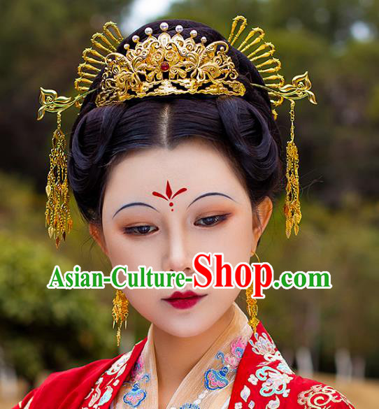 China Ancient Court Empress Agate Pearls Hairpin Handmade Traditional Ming Dynasty Golden Hair Crown