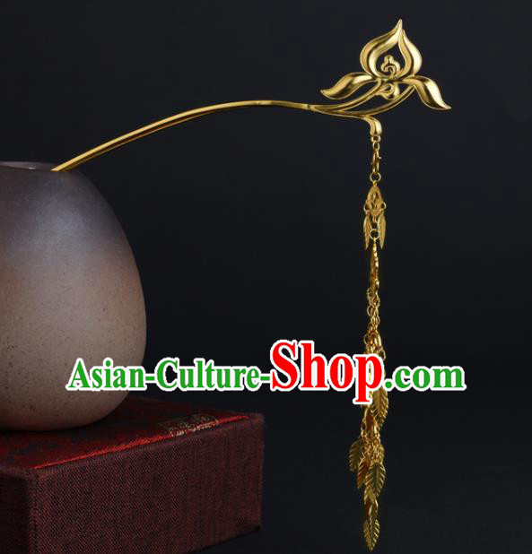 China Ancient Palace Princess Hairpin Handmade Traditional Ming Dynasty Golden Orchid Tassel Hair Stick