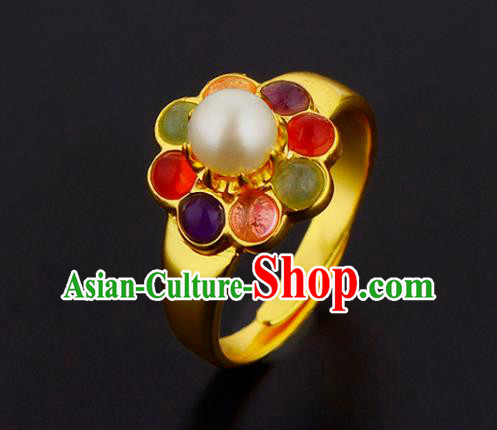 Handmade Chinese Ming Dynasty Court Gems Ring Accessories Traditional Hanfu Golden Circlet Jewelry
