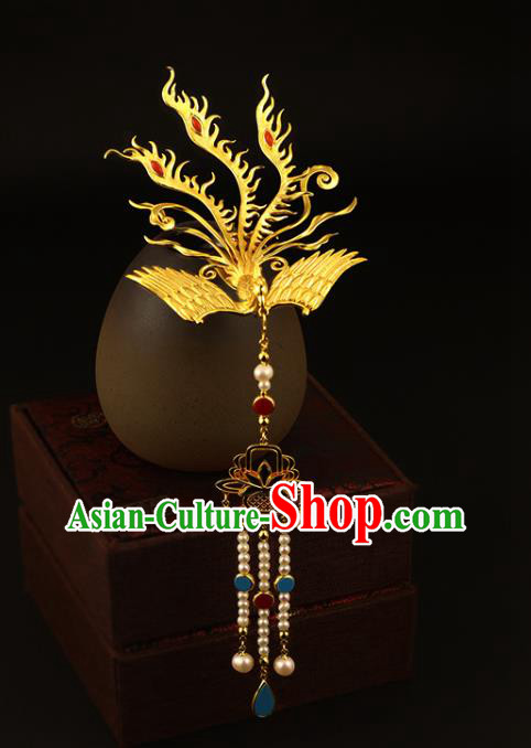 China Ancient Empress Pearls Tassel Hairpin Handmade Traditional Ming Dynasty Golden Phoenix Hair Crown