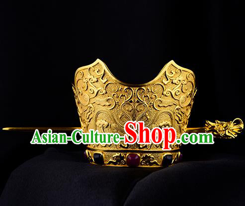 China Ancient King Hair Accessories Handmade Traditional Ming Dynasty Emperor Golden Hairdo Crown