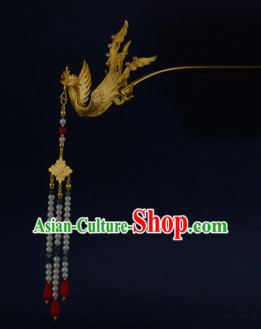 China Ancient Empress Golden Phoenix Hairpin Handmade Traditional Ming Dynasty Queen Pearls Tassel Hair Stick