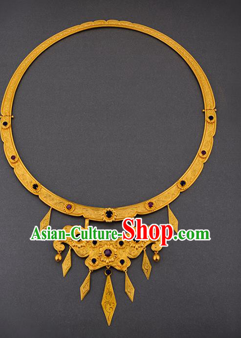 Handmade Chinese Traditional Hanfu Golden Necklet Jewelry Sui Dynasty Princess Gems Necklace Accessories