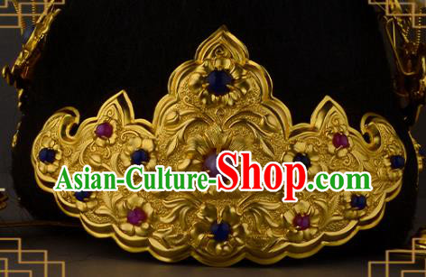 China Ancient Noble Woman Ruby Hairpin Handmade Traditional Ming Dynasty Empress Golden Lotus Hair Crown