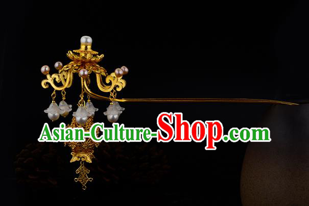 China Ancient Empress Pearls Tassel Hairpin Handmade Traditional Ming Dynasty Palace Lantern Hair Stick