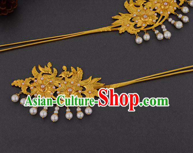 China Ancient Noble Lady Pearls Hairpin Handmade Traditional Ming Dynasty Empress Golden Hair Stick