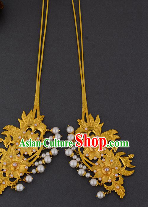 China Ancient Noble Lady Pearls Hairpin Handmade Traditional Ming Dynasty Empress Golden Hair Stick