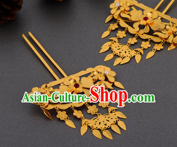 China Ancient Queen Hairpin Handmade Traditional Ming Dynasty Empress Golden Peony Tassel Hair Stick