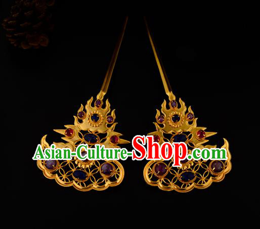China Ancient Empress Gems Hairpin Handmade Traditional Ming Dynasty Golden Hair Stick