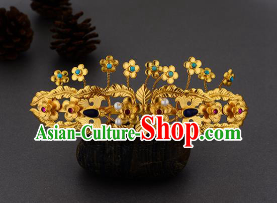 China Ancient Court Woman Hairpin Handmade Traditional Ming Dynasty Golden Plum Hair Crown