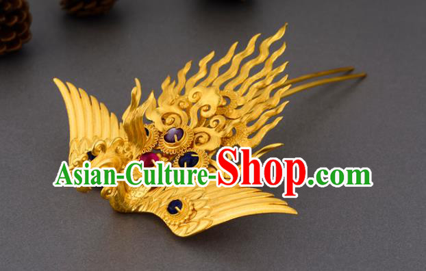 China Ancient Court Empress Gems Hairpin Handmade Traditional Ming Dynasty Golden Phoenix Hair Crown