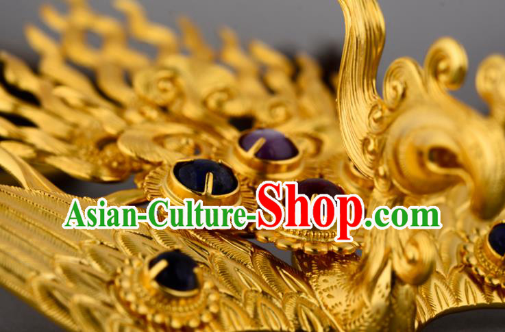 China Ancient Court Empress Gems Hairpin Handmade Traditional Ming Dynasty Golden Phoenix Hair Crown