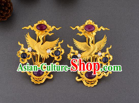 China Ancient Court Lady Golden Crane Hairpin Handmade Traditional Ming Dynasty Empress Ruby Hair Stick