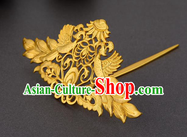 China Ancient Court Woman Hairpin Handmade Traditional Tang Dynasty Empress Golden Phoenix Hair Crown