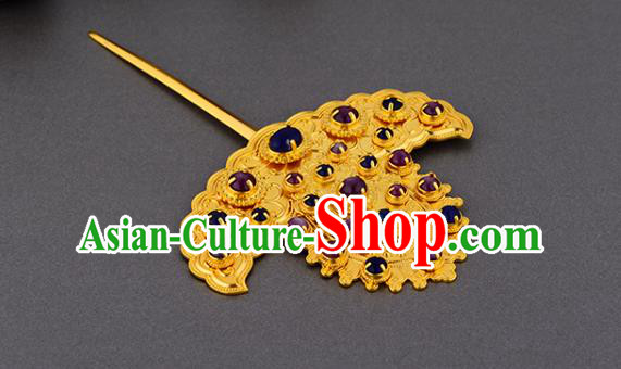China Ancient Noble Mistress Golden Hairpin Handmade Traditional Ming Dynasty Empress Gems Hair Stick