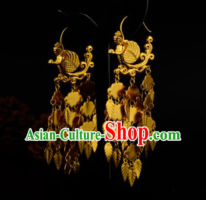 Chinese Traditional Hanfu Earrings Ancient Queen Golden Leaf Tassel Ear Accessories