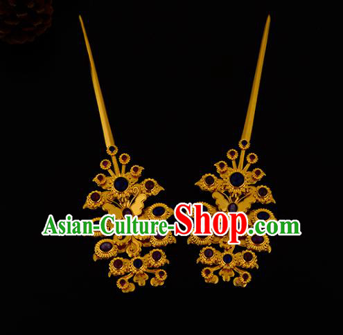 China Ancient Noble Countess Gems Hairpin Handmade Traditional Ming Dynasty Empress Golden Butterfly Hair Stick