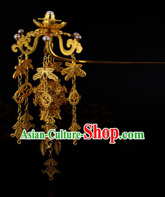 China Ancient Queen Golden Tassel Hairpin Handmade Traditional Ming Dynasty Empress Hair Stick