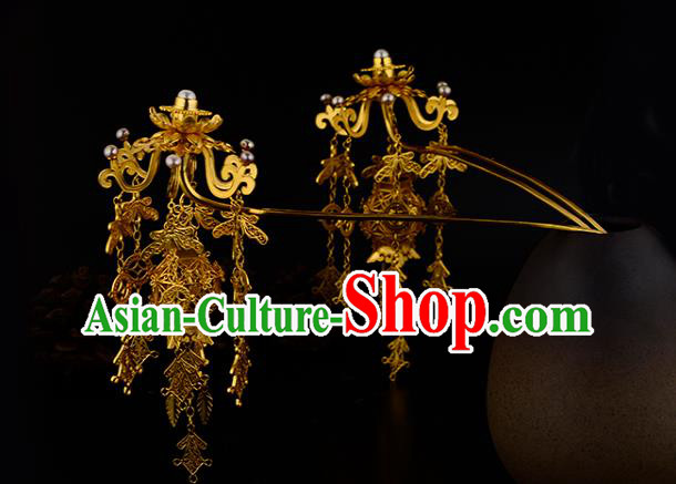 China Ancient Queen Golden Tassel Hairpin Handmade Traditional Ming Dynasty Empress Hair Stick