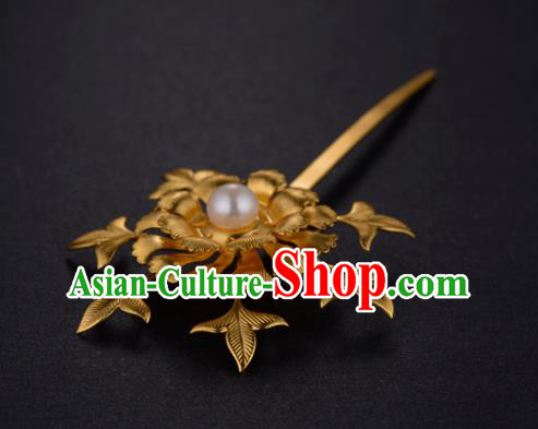 China Ancient Empress Pearl Hairpin Handmade Traditional Ming Dynasty Court Golden Peony Hair Stick