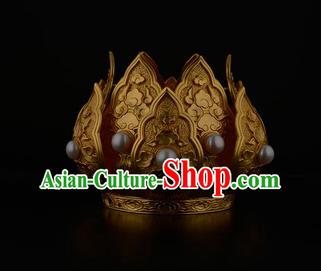 China Ancient Taoist Nun Pearls Hair Accessories Handmade Traditional Song Dynasty Golden Lotus Hair Crown