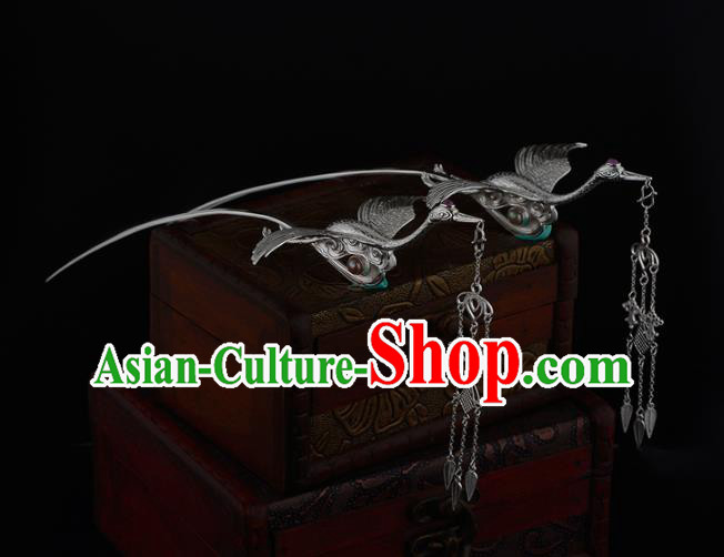 China Ancient Princess Hairpin Handmade Traditional Ming Dynasty Silver Crane Tassel Hair Stick