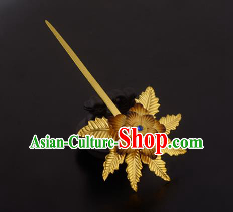 China Ancient Princess Golden Leaf Hairpin Handmade Traditional Ming Dynasty Palace Lady Hair Stick