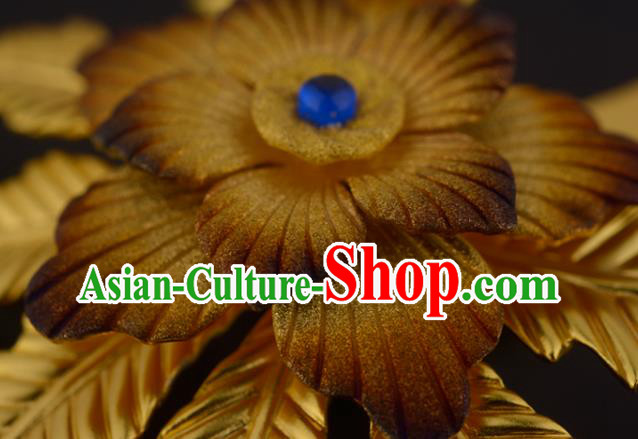 China Ancient Princess Golden Leaf Hairpin Handmade Traditional Ming Dynasty Palace Lady Hair Stick