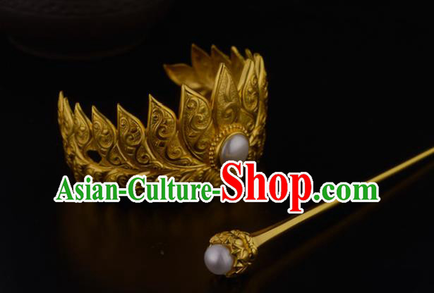 China Ancient Nobility Childe Hairpin Handmade Traditional Ming Dynasty Prince Golden Lotus Hairdo Crown