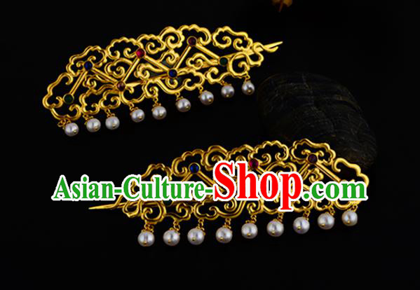 China Ancient Empress Pearls Hairpin Handmade Traditional Ming Dynasty Imperial Consort Golden Hair Stick