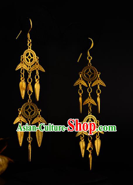 Chinese Traditional Ming Dynasty Tassel Earrings Ancient Court Woman Golden Coins Ear Accessories