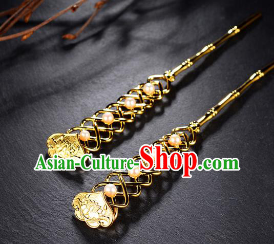 China Ancient Imperial Empress Golden Hairpin Handmade Traditional Tang Dynasty Pearls Hair Stick