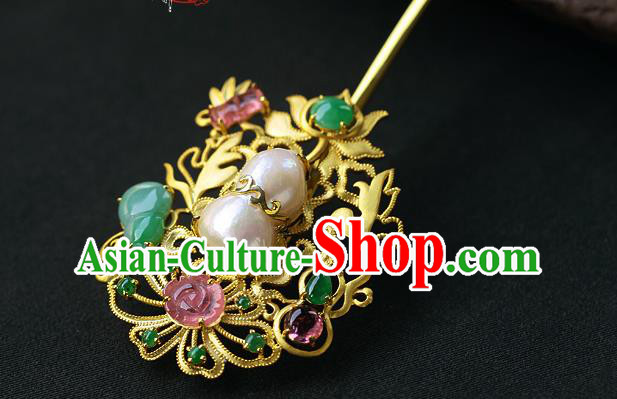 China Ancient Empress Pearls Gems Hairpin Handmade Traditional Ming Dynasty Court Hair Stick
