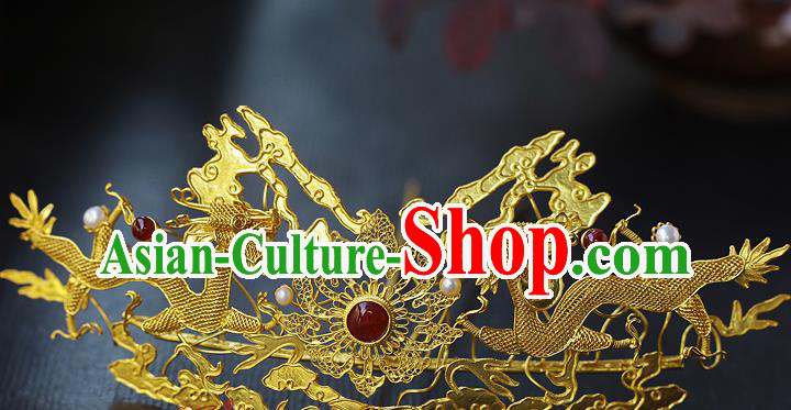 China Ancient Empress Agate Hairpin Handmade Traditional Ming Dynasty Golden Dragons Hair Crown
