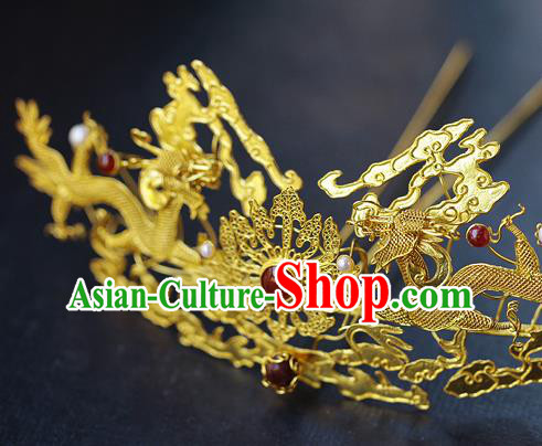 China Ancient Empress Agate Hairpin Handmade Traditional Ming Dynasty Golden Dragons Hair Crown