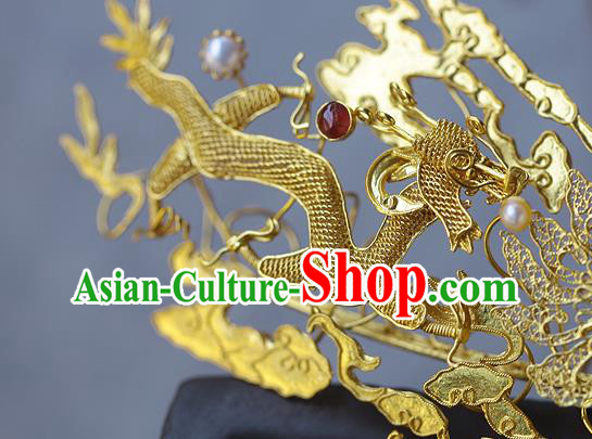China Ancient Empress Agate Hairpin Handmade Traditional Ming Dynasty Golden Dragons Hair Crown