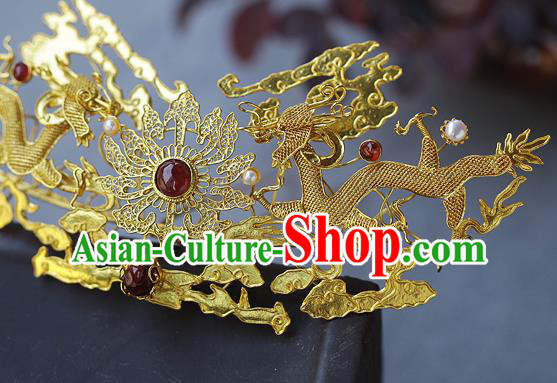China Ancient Empress Agate Hairpin Handmade Traditional Ming Dynasty Golden Dragons Hair Crown