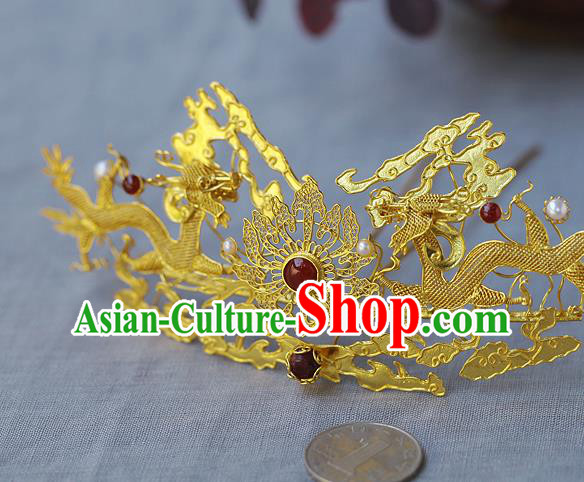 China Ancient Empress Agate Hairpin Handmade Traditional Ming Dynasty Golden Dragons Hair Crown