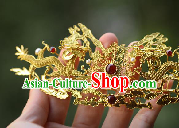 China Ancient Empress Agate Hairpin Handmade Traditional Ming Dynasty Golden Dragons Hair Crown