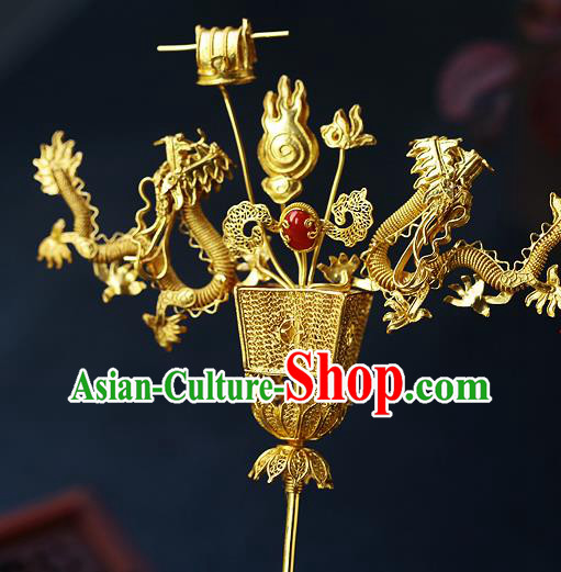 China Ancient King Hairpin Handmade Traditional Ming Dynasty Emperor Golden Dragons Hair Stick