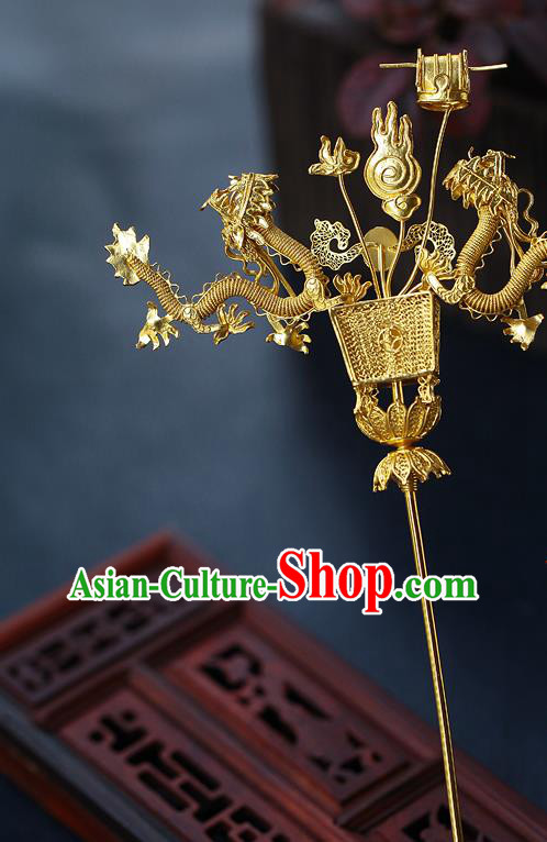 China Ancient King Hairpin Handmade Traditional Ming Dynasty Emperor Golden Dragons Hair Stick